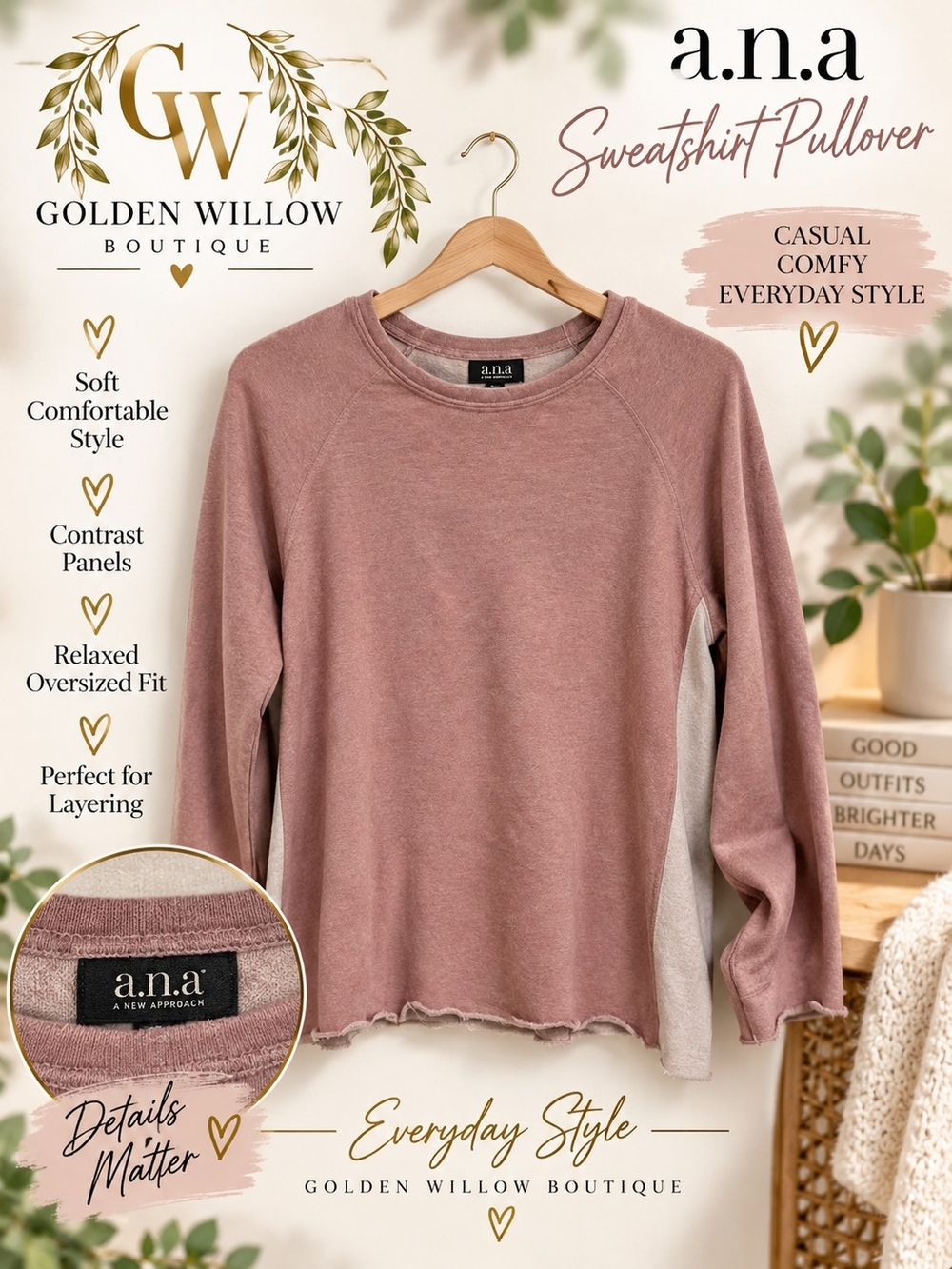 a.n.a Dusty Rose Sweatshirt Pullover - Relaxed Fit